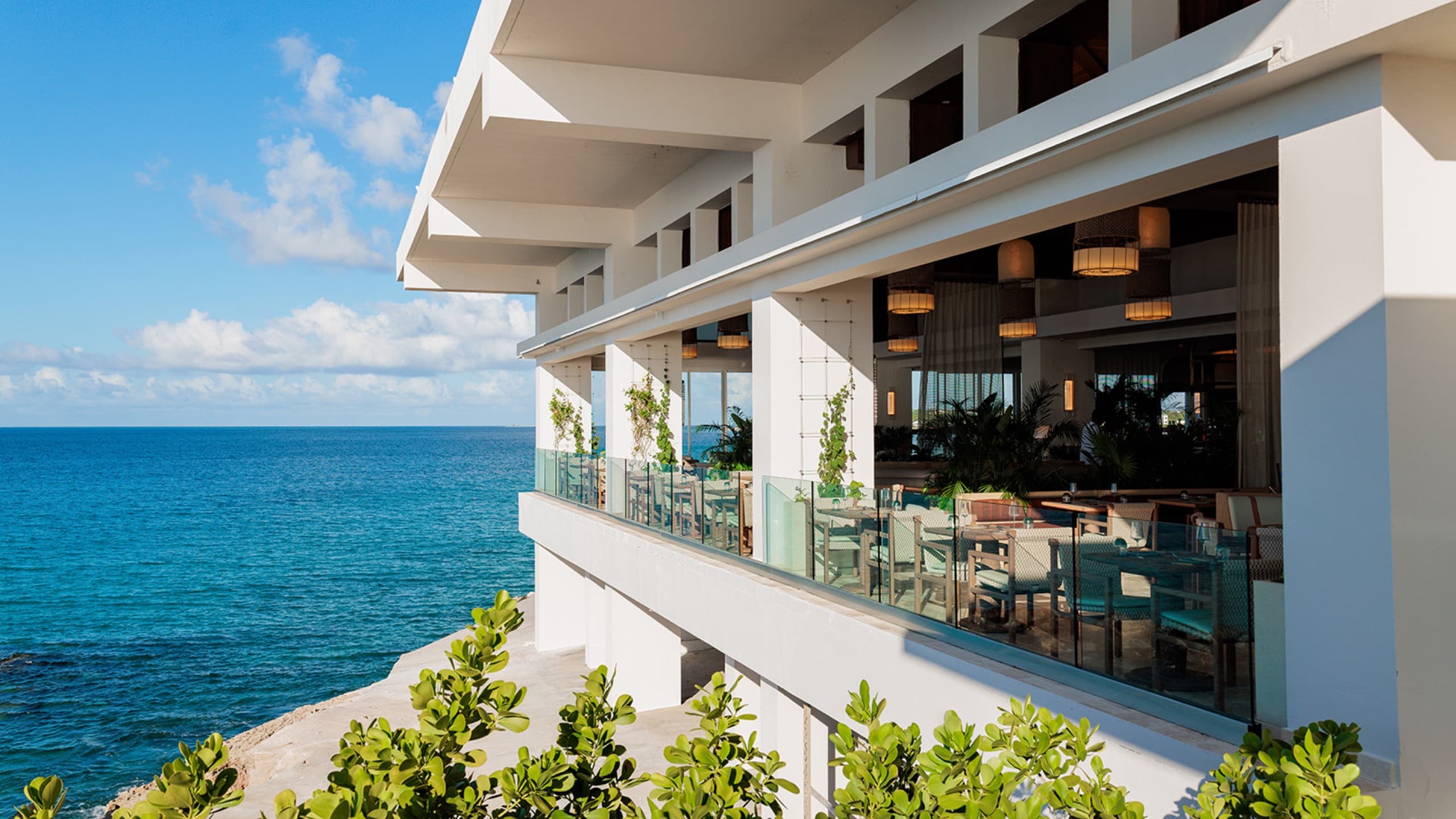 SALT restaurant on the bluff seen from outside, terrace over the sea
