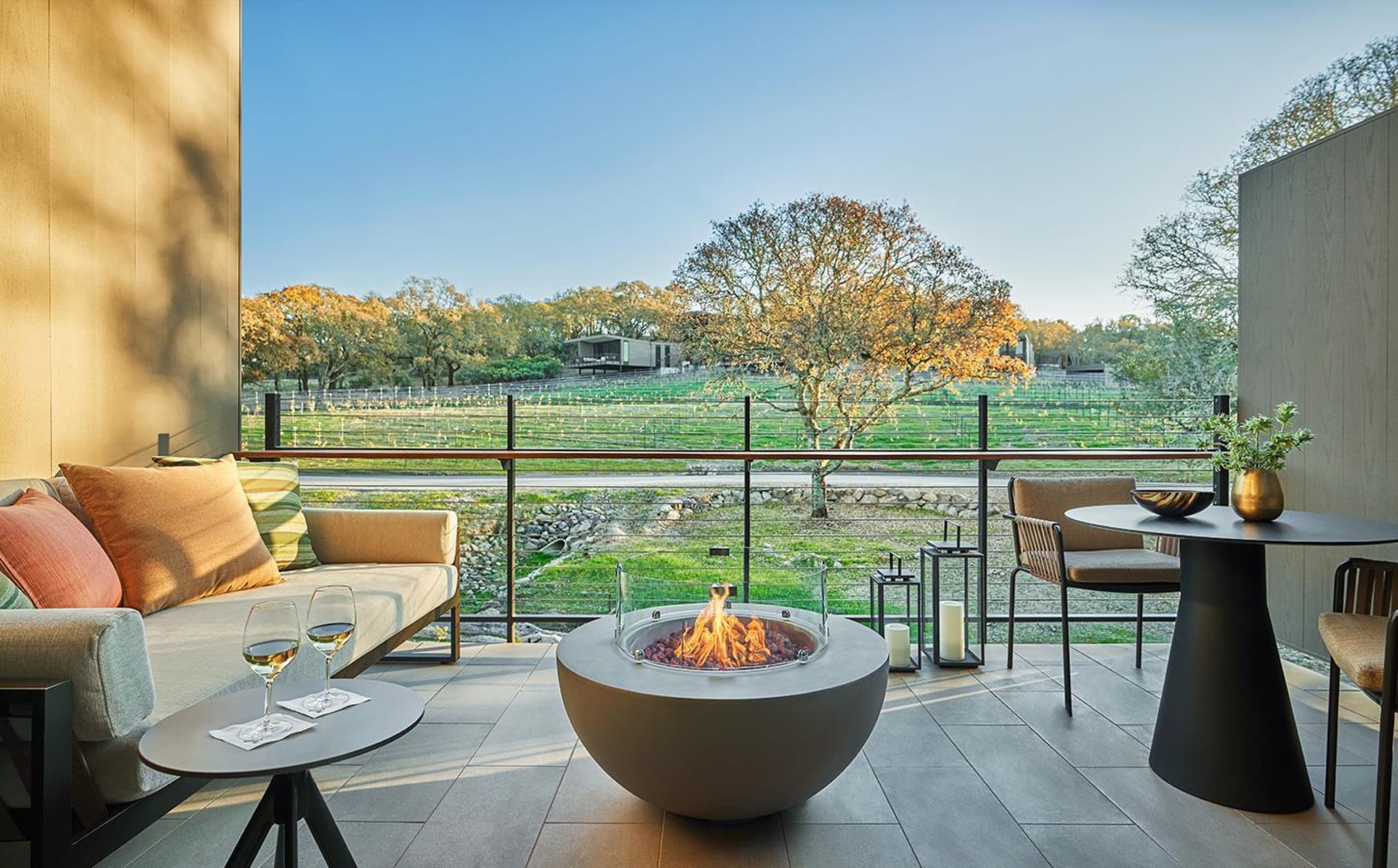 Vineyard King Room with terrace fire bowl and vineyard view