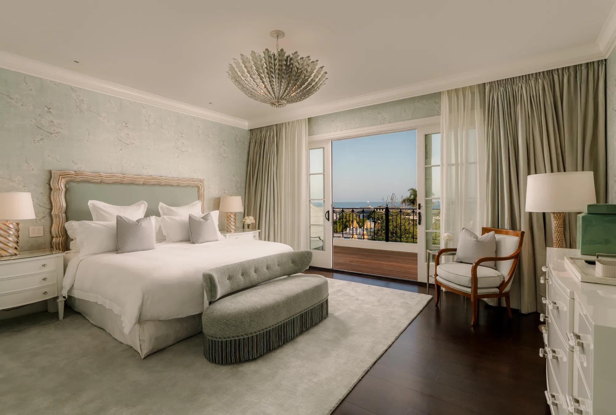The Ambassador Ocean View Suite bedroom in The Manor House (premier suite, designed by Nancy Corzine)