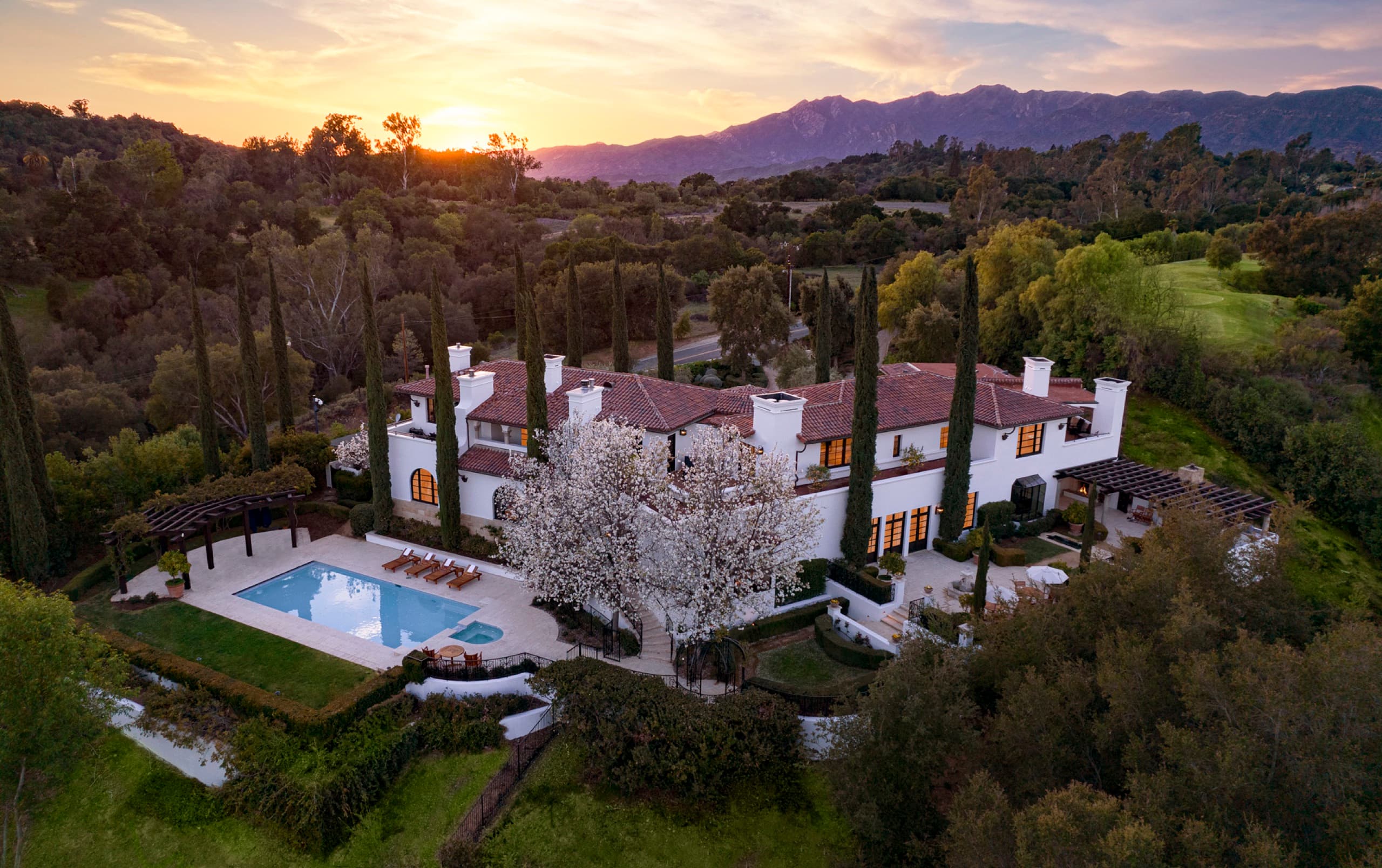 Casa Elar — the 10,407 sq ft gated estate villa with private pool, aerial at sunset