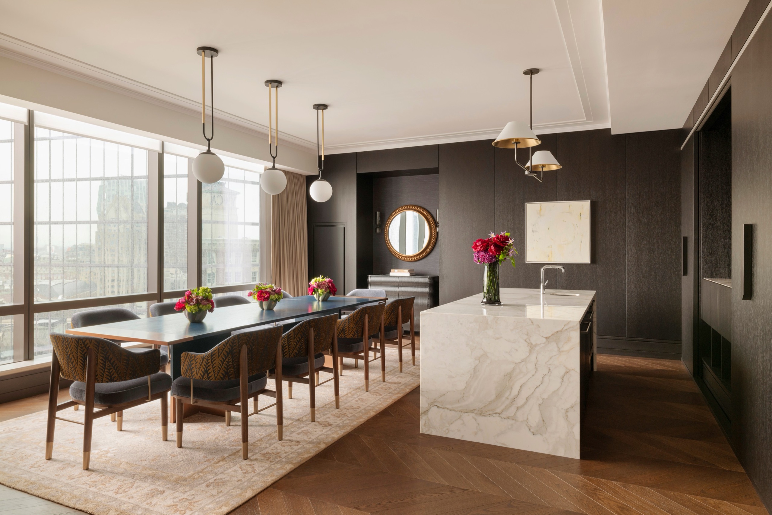 Raffles Presidential Suite — living room with fireplace and grand piano