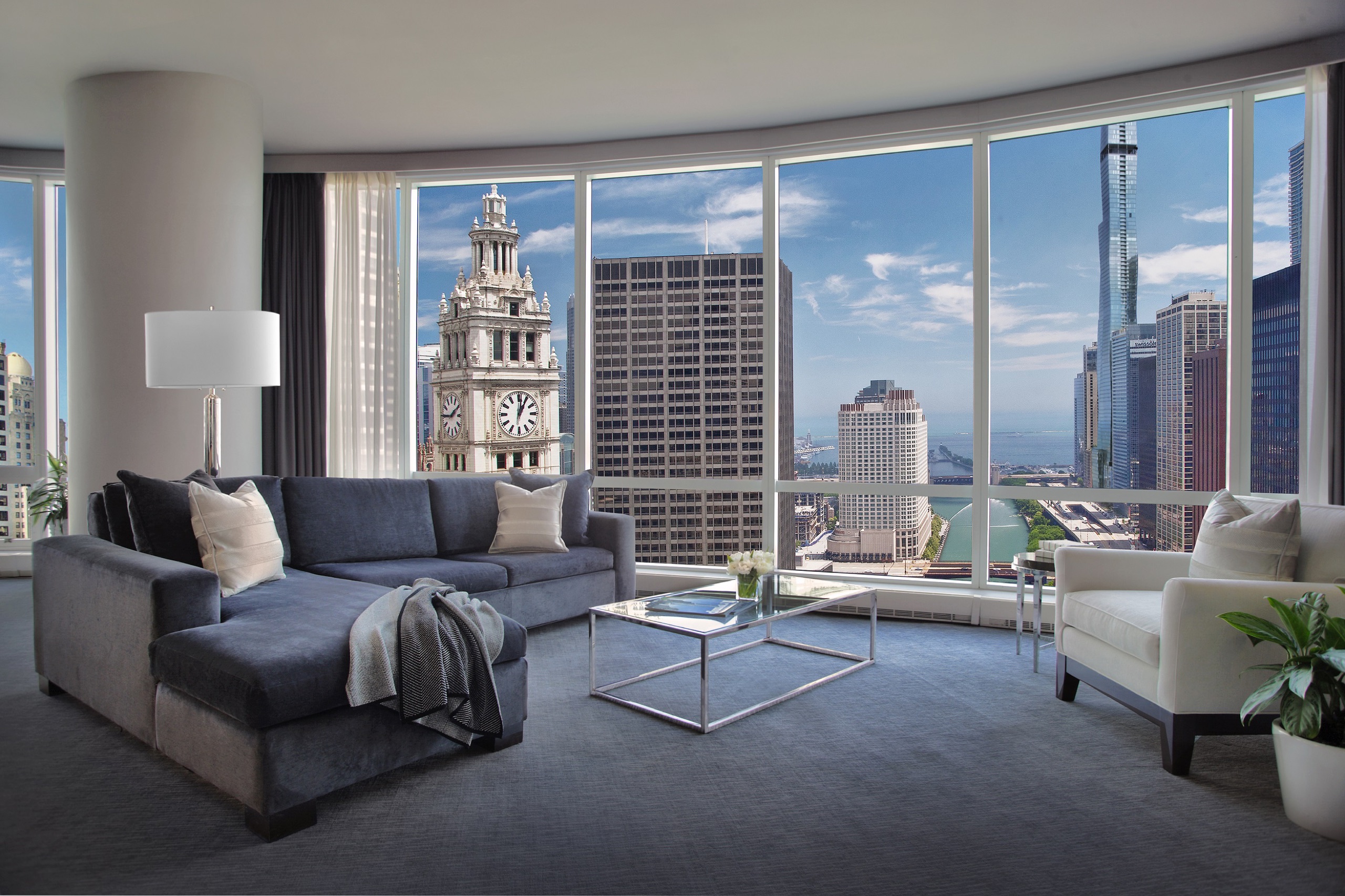 Grand Deluxe Lake View One-Bedroom Suite living room, Wrigley Building and lake beyond
