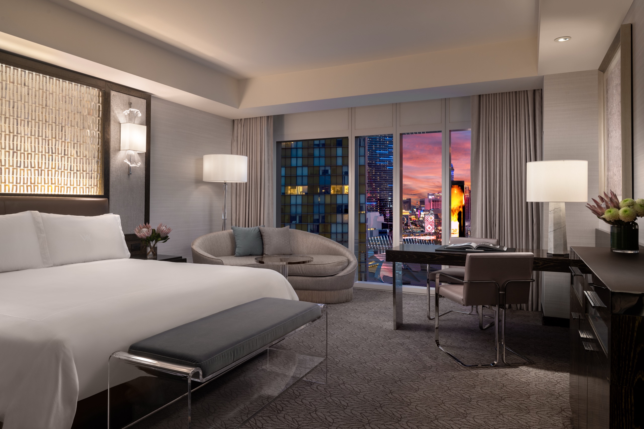 Strip View King Room at sunset (2023 redesign) - signature guest room