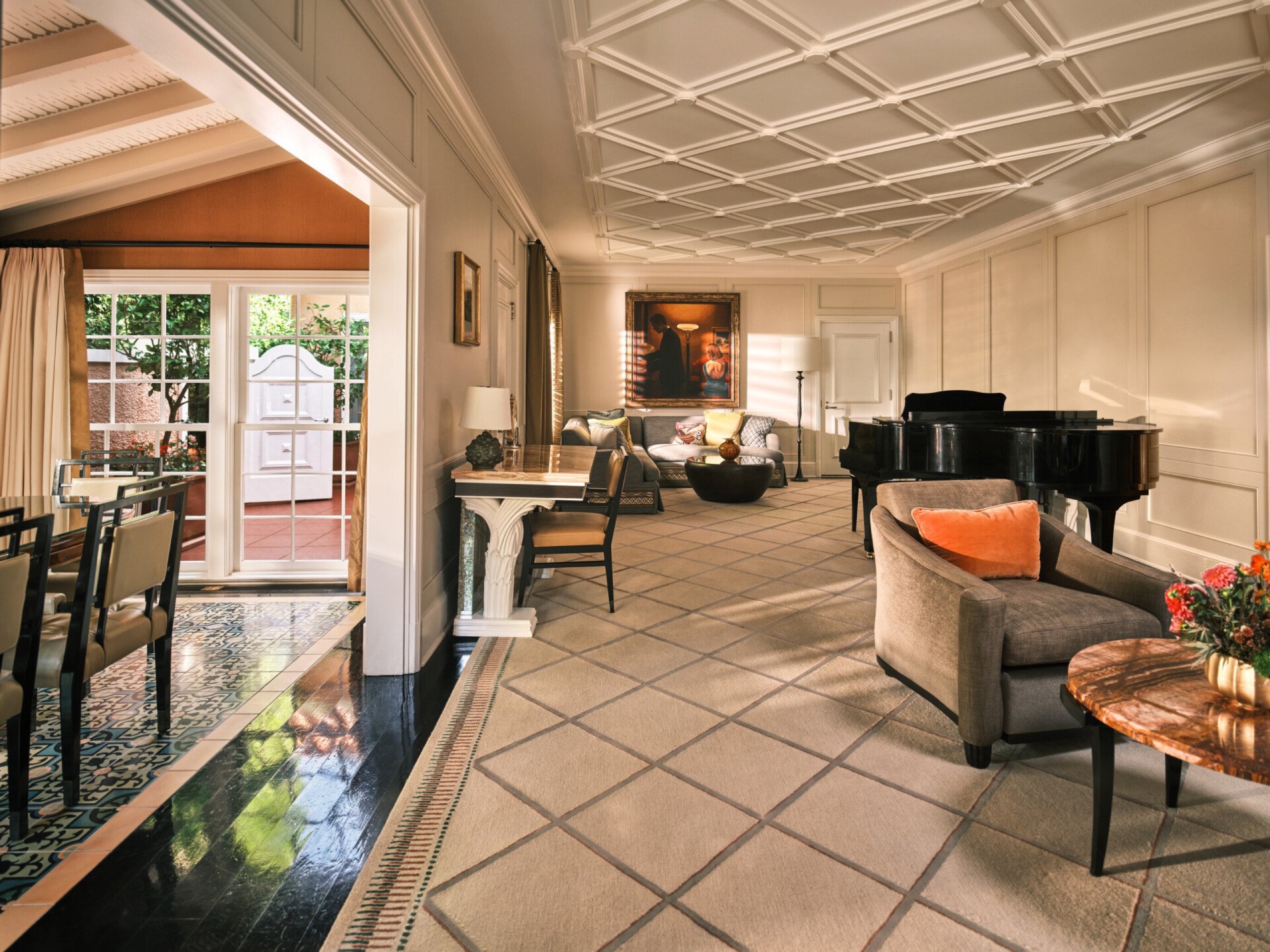 Crescent Suite — living room with wraparound balcony and Beverly Hills views