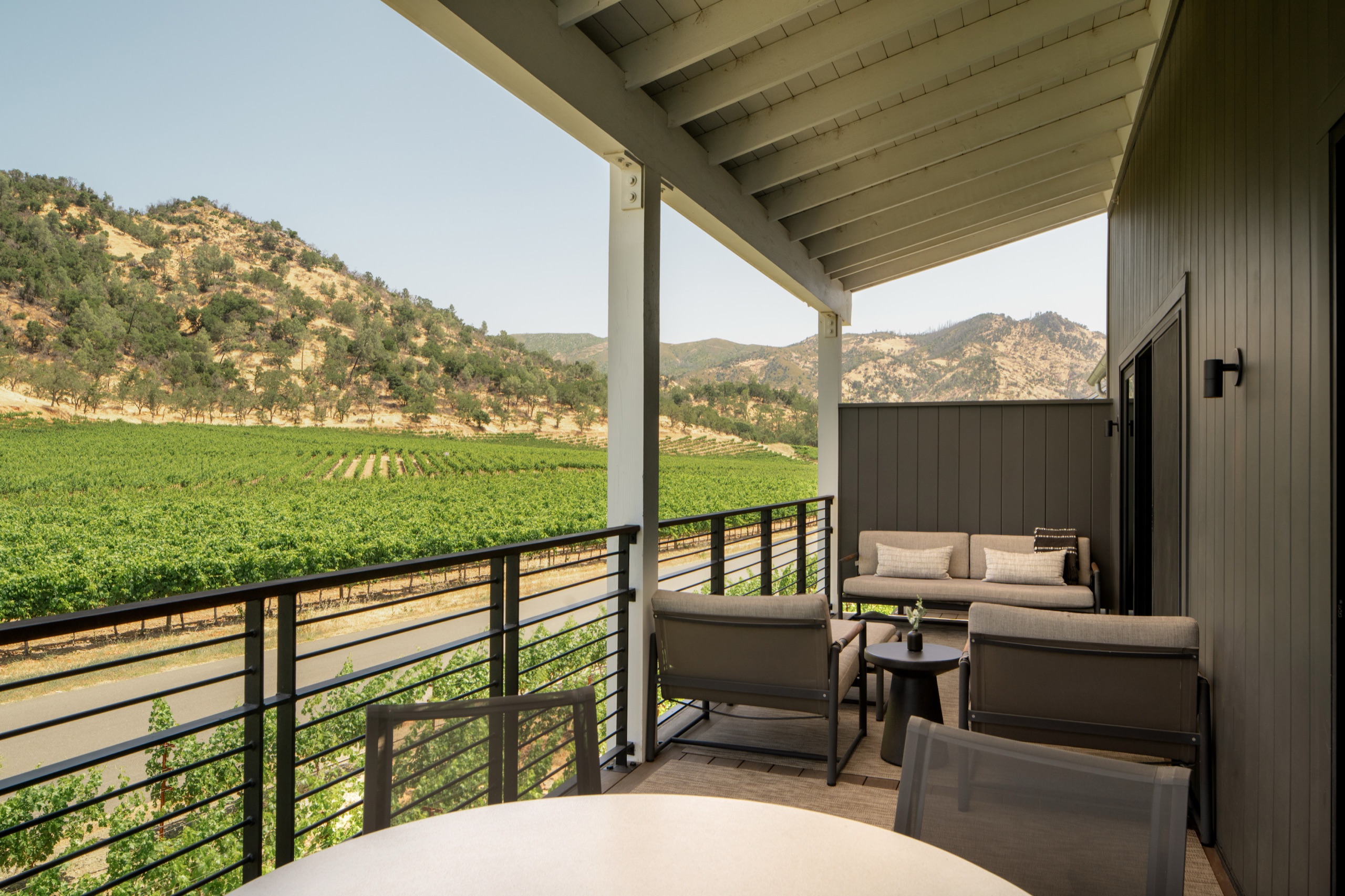 Vineyard & Palisades Mountain One-Bedroom Suite — covered private patio with lounge and dining beside the vines