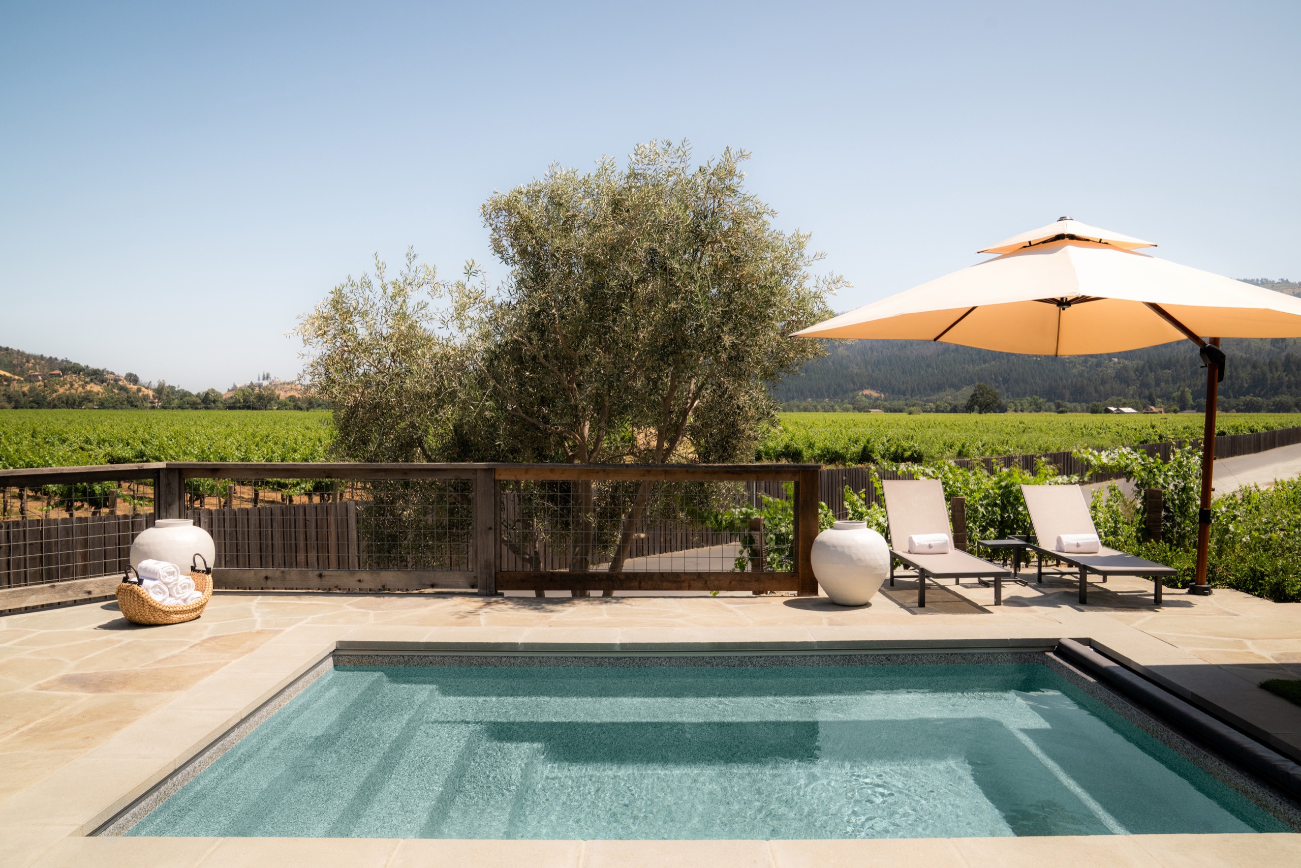 Vineyard Two-Bedroom Suite — covered patio with gas fire between two sofas, vines and mountains beyond