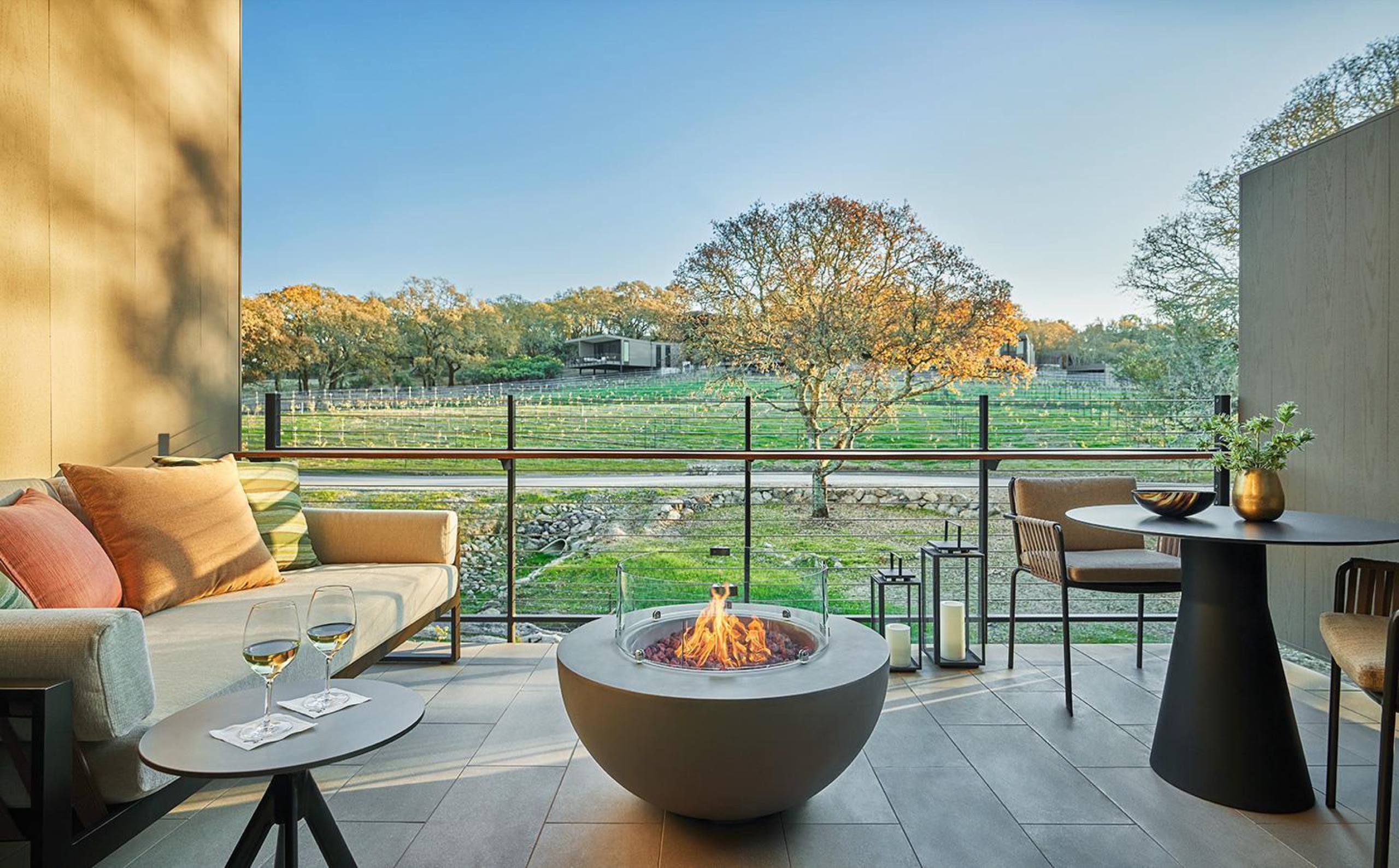 Vineyard King Room with terrace fire bowl and vineyard view