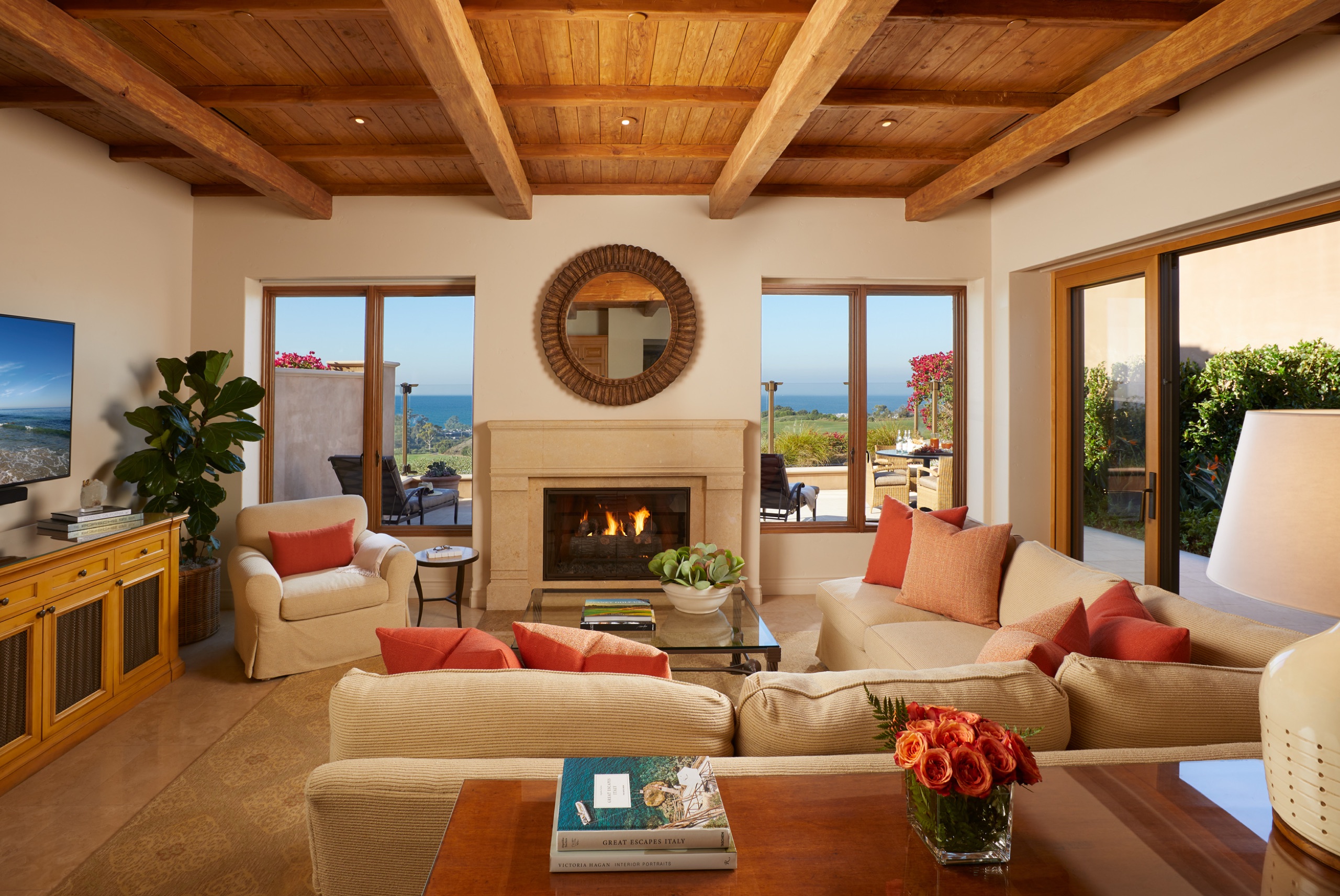 Four-Bedroom Oceanview Villa — great room with fireplace and coffered wood ceiling
