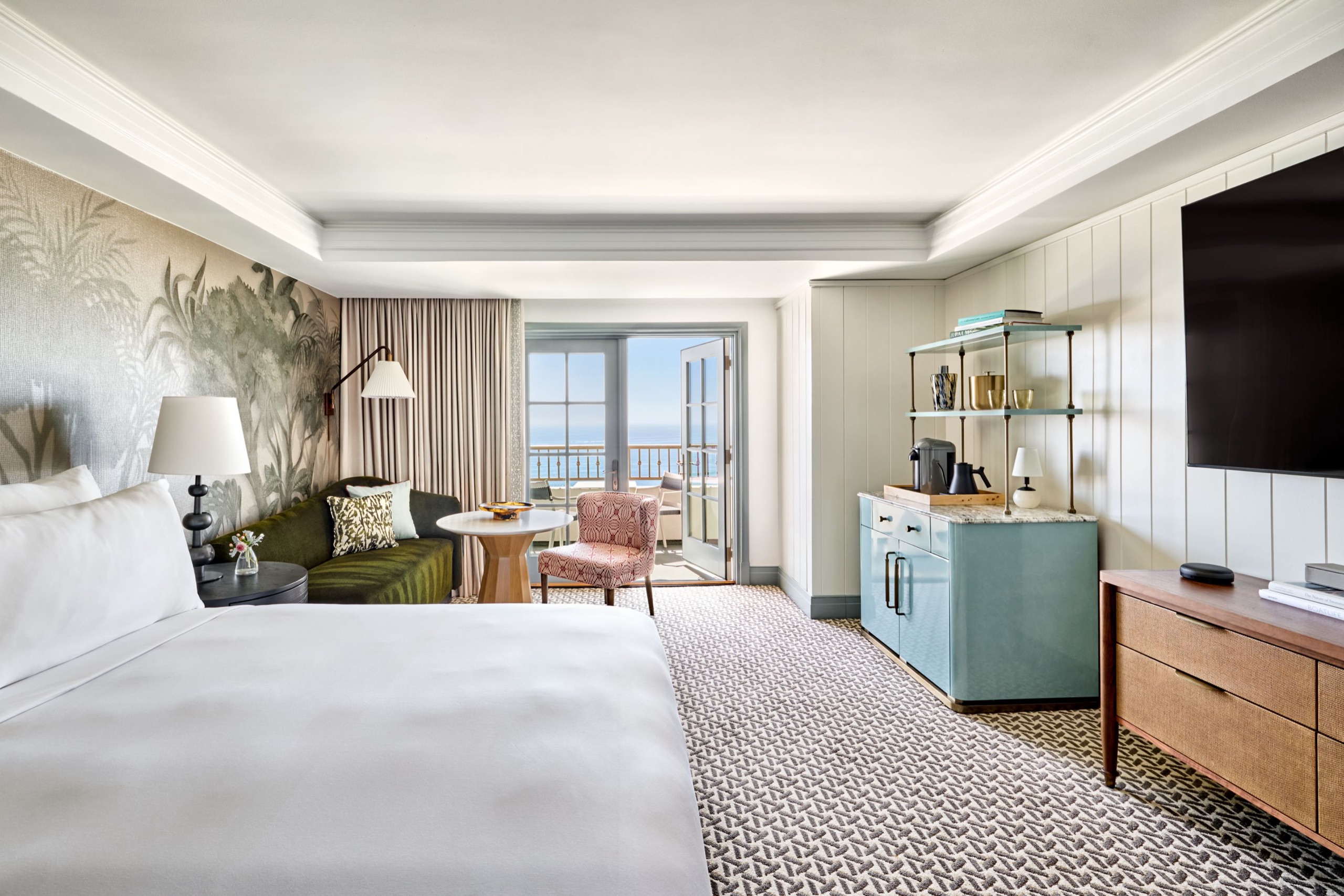 Oceanview King guest room (2025 redesign) with balcony and Pacific view