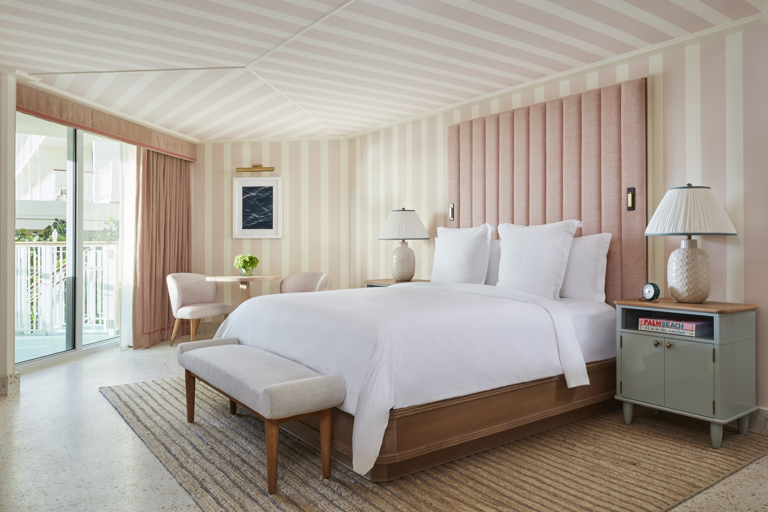 Ocean-View Cabana Terrace Room: pink-striped walls and ceiling, glass door to private terrace