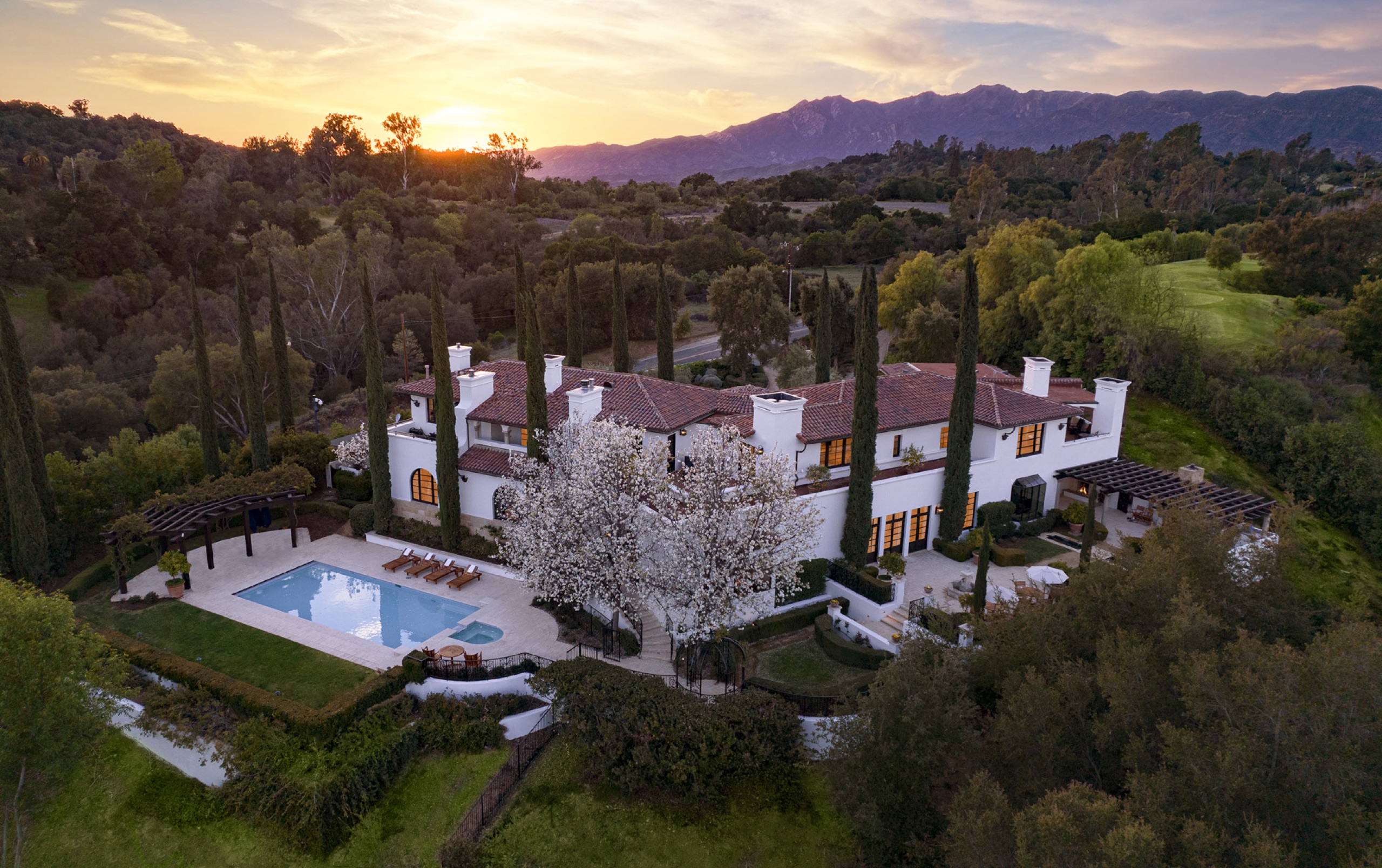 Casa Elar — the 10,407 sq ft gated estate villa with private pool, aerial at sunset