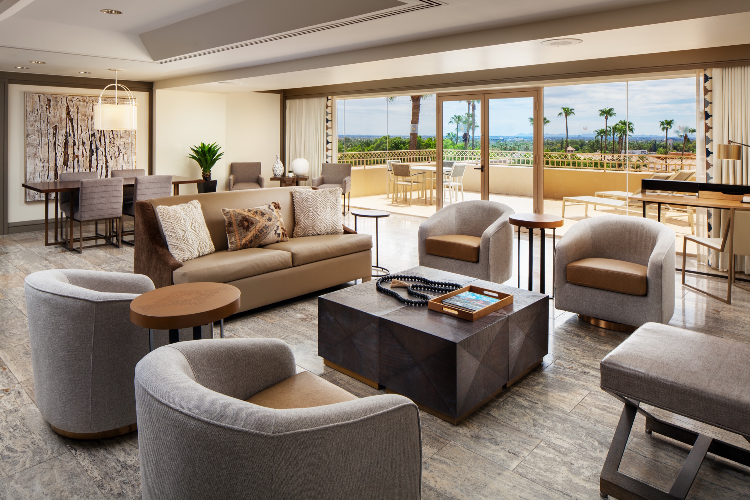 Phoenician Suite living and dining room with Camelback terrace